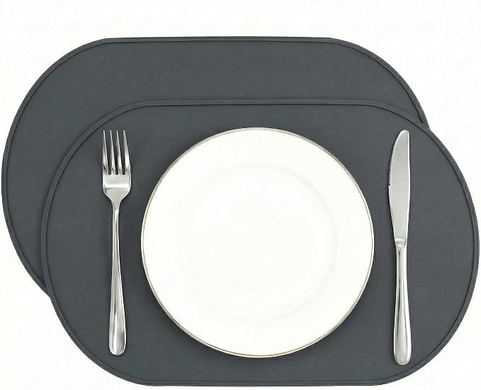 Oval Silicone Placemats Set of 2, 15.8 x 10.5in, Table Protector, Gray | Food-grade Silicone , Non-slip , Raised Edge Heat Resistant, Easy Clean , Compact Size, for Dining Table