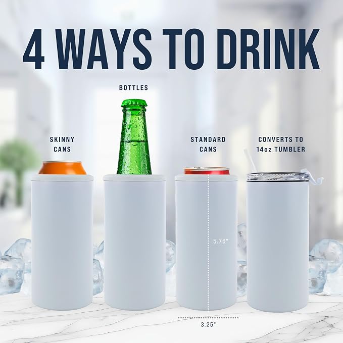 4 in 1 Universal Can Cooler - White, Can Holder Insulated, Beer Bottle Cooler, Universal Holder for All Drink Sizes, Stainless Steel Insulated Tumbler, Tailgating Accessories