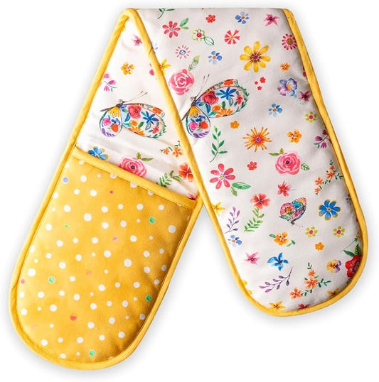 Maison d' Hermine Double Oven Mitts 100% Cotton Double Oven Glove (7"x35") | Heat Resistant BBQ Cooking Gloves with Loop Baking Grilling Kitchen Home Farmhouse Spring Summer - Happy Florals - Sweety