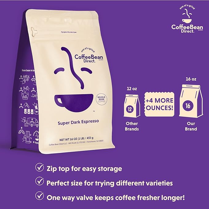 Coffee Bean Direct Super Dark Espresso, Whole Bean Coffee, Very Dark Roast, 1 Pound Bag (Pack of 1)