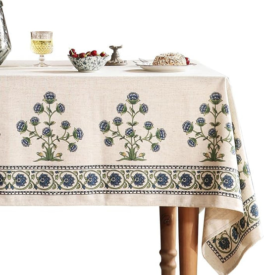 patdrea Designer Linen Vintage Blue Rectangle Tablecloth,Leaves Pattern Anti-Wrinkle Floral Extra Long Table Cloth,French Table Cover for Kitchen Dining,Thanksgiving,Party,63"x110"-Ivar B