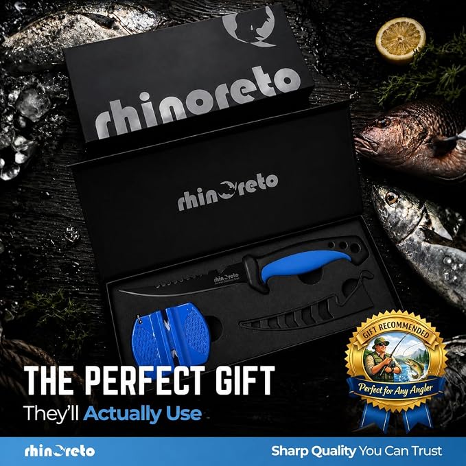 Rhinoreto Bait Knife - Razor Sharp G4116 German Stainless Steel Blade, 5 Inch Professional Filleting & Boning Knife with Non-Slip Handle, Protective Sheath & Sharpener