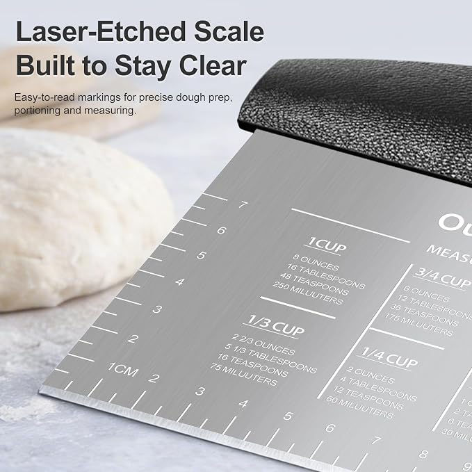 Ourokhome 2 Pack Bench Scraper Dough Cutter, Stainless Steel Dough Scraper with Laser-Etched Scale, Conversion Chart, Non-Slip Handle, Dishwasher Safe for Bread & Pastry, Black and Red