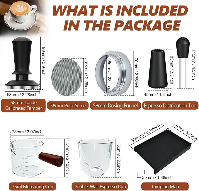 7 Pcs 58mm Espresso Accessories Kit, Spring Loaded Calibrated Tamper, WDT Tool, Coffee Measuring & Espresso Cup and Tamper Mat, Puck Screenr & Dosing Funnel, Fit 58mm Espresso Machine Accessories