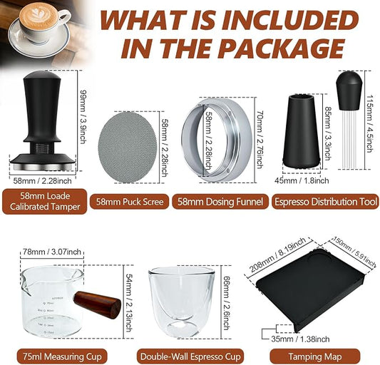 7 Pcs 58mm Espresso Accessories Kit, Spring Loaded Calibrated Tamper, WDT Tool, Coffee Measuring & Espresso Cup and Tamper Mat, Puck Screenr & Dosing Funnel, Fit 58mm Espresso Machine Accessories