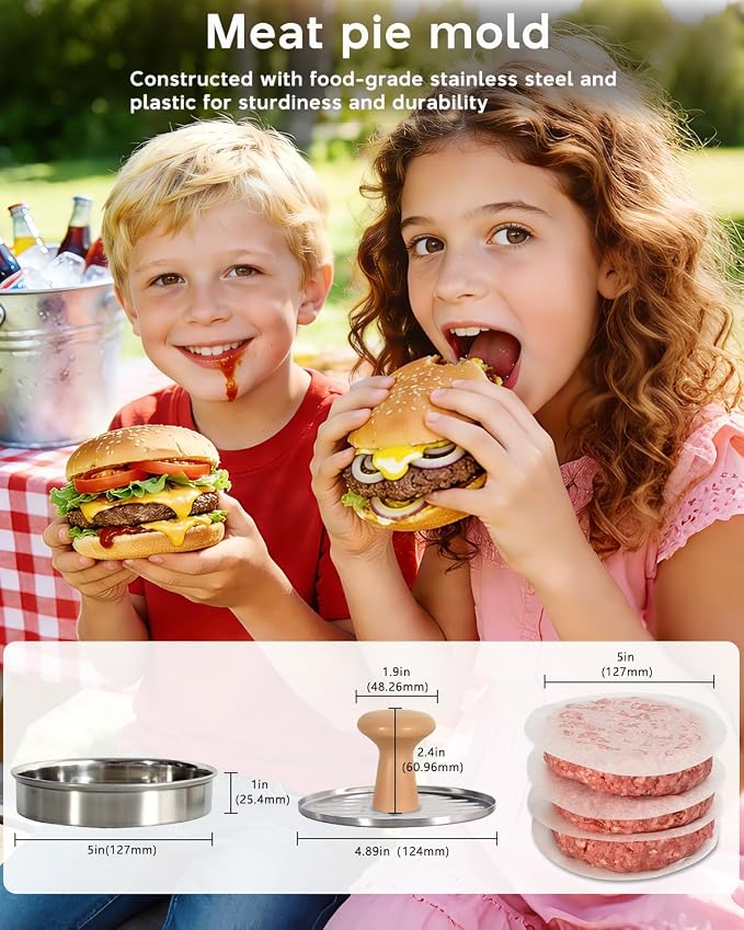 Burger Press, 5 Inch Hamburger Patty Maker in Stainless Steel | Burger Mold with Wooden Handle and Base, Includes 100 Patty Papers for Homemade Burgers, BBQ and Meal Prep