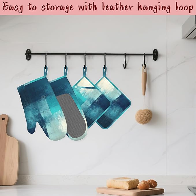 Turquoise Grey Oven Mitts and Pot Holders (4PCS),Teal Modern Art Heat Resistant Non-Slip Silicone Kitchen Gloves for Cooking, Baking, BBQ Waterproof Kitchen Accessories