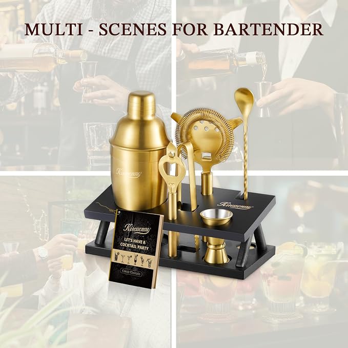 KITESSENSU Cocktail Shaker Set Bartender Kit, 6-Piece Silver Bar Set with Stand, Gold