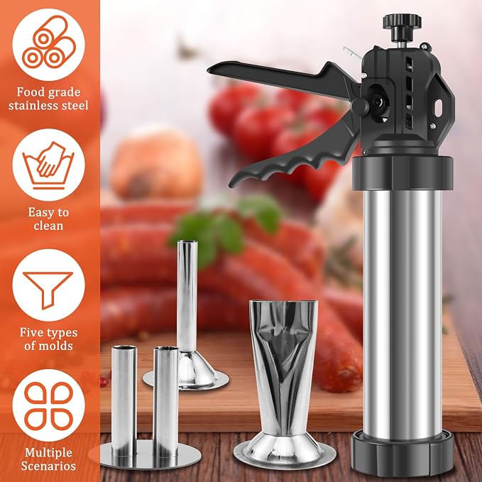 Large Capacity Jerky Gun Kit, Stainless Steel Beef Jerky Gun with 5 Nozzles, Sausage Stuffer and Jerky Maker, Includes Meat Pusher and Cleaning Brushes, Perfect for Homemade Jerky and Sausages