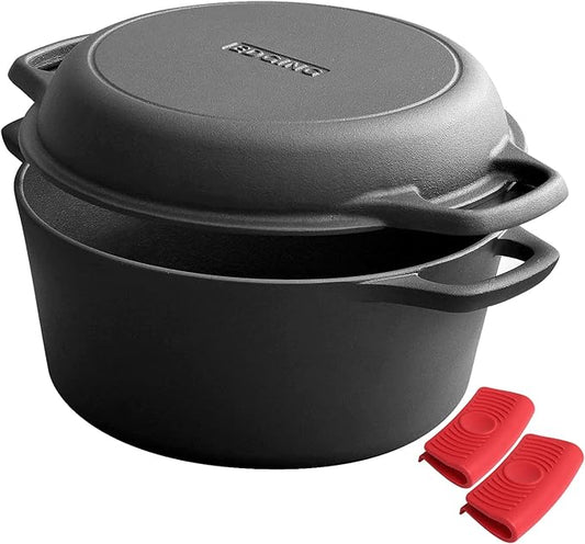 2-in-1 Pre-Seasoned Cast Iron Dutch Oven Pot with Skillet Lid Cooking Pan, Cast Iron Skillet Cookware Pan Set with Dual Handles Indoor Outdoor for Bread, Frying, Baking, Camping, 7QT