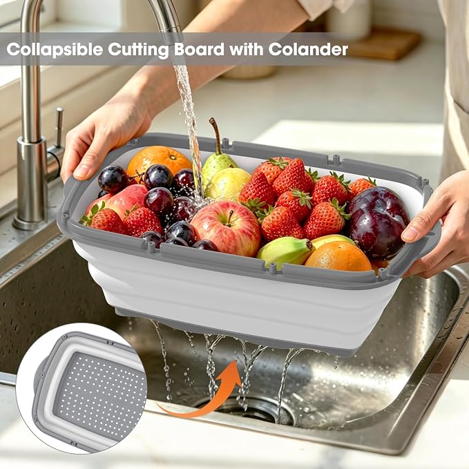 Gintan Camping Cutting Board, 9-in-1 Collapsible Chopping Board with Colander, Outdoor-Kitchen Vegetable Washing Basket for Campers, Camping Gifts Camping Accessories for RV Campers (Gray)