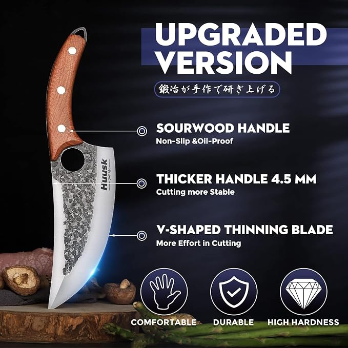 Huusk Hand Forged Viking Butcher Knife with Sheath, Japanese Carbon Steel | Sharp Meat Cutting Chef Knife with Ergonomic Handle for Premium Control, Includes Protective Sheath, Gift for Men and Women