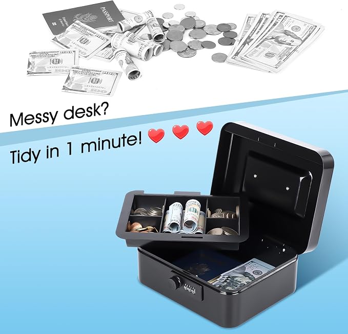 KYODOLED Metal Cash Box with Combination Lock & Money Tray - Secure Safe for Home, Office & Events, Ideal for Cash, Meds & Small Items, 7.87" x 6.30" x 3.35", Black, 2 Pack