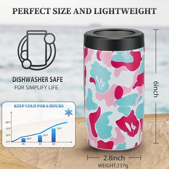 MAXSO Slim Can Cooler, 4-in-1 Double Walled Stainless Steel Insulated Beer Can Holder, Works With All 12 Oz Cans,Bottles & As A Pint Cups - Leo Pink