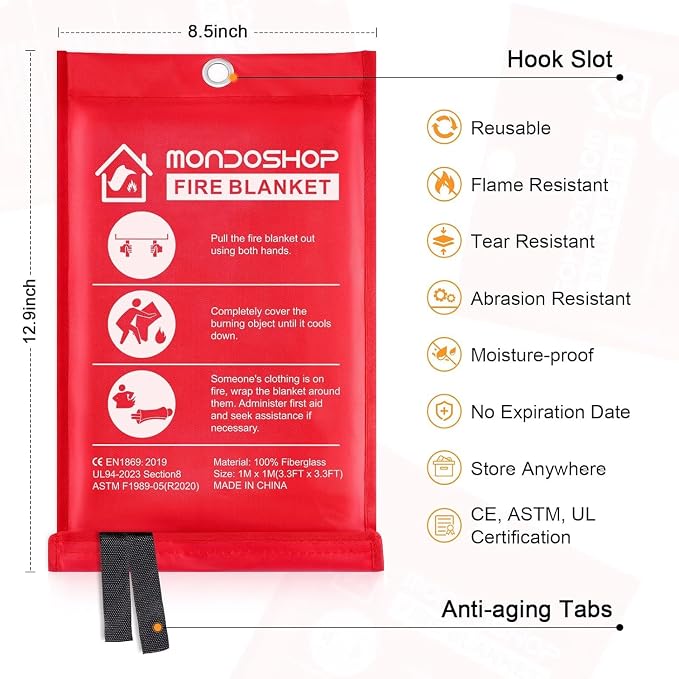 Mondoshop Fire Blanket for Home and Kitchen, 4 Pack, 40" x 40" Coverage | Reusable, High Temperature Resistance, Non-Toxic & Chemical-Free, Compact & Easy to Store, Personal Protection