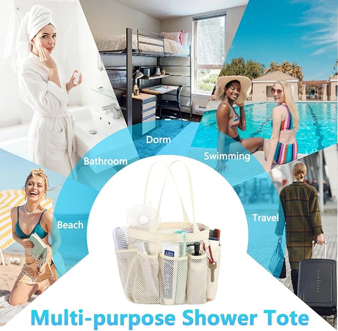 Fammart Mesh Shower Caddy Portable for College Dorm Room Essentials, Odorless Polyester Large Shower Tote Bag with Dual Handles, 8-Pocket Quick-Dry Toiletry Organizer for Travel, Beach, Camping, Gym