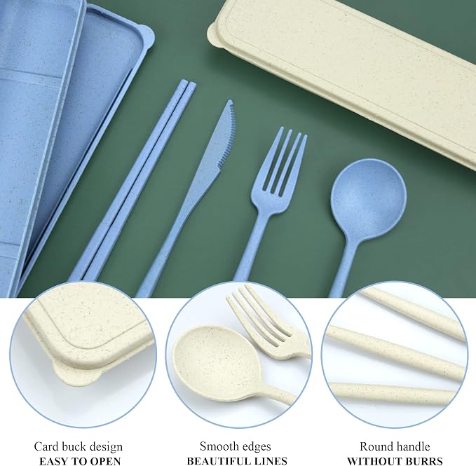 DISSKNIC 4 Sets Travel Utensils with Case, Cutlery Set Chopsticks Fork Spoon Knife with Case, Reusable Plastic Utensils Sets for Lunch Box Accessories,Portable Lunch Box Utensils Set for Daily Use