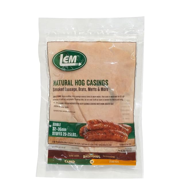 LEM Products Natural Hog Casings, 32–35mm Edible Sausage Casings for Sausage Links, Hot Dogs, Italian, Pepperoni, Salami, Homemade Sausages, Stuffs Approx. 30 lbs, 6.1 oz Package