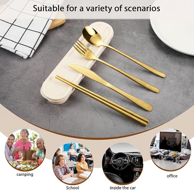 iNKULEER Travel cutlery set, 18/8 stainless steel cutlery, Reusable utensils set with case, Portable Silverware Lunch Box for Camping and Office-Stainless steel