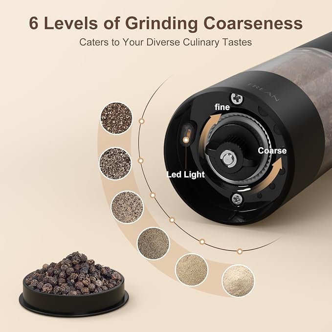 Ultrean Pepper Grinder, Rechargeable Salt and Pepper Grinder Set with 6 Adjustable Coarseness, LED Light, Automatic Grinder for Kitchen, House Warming Gifts New Home, White&Black