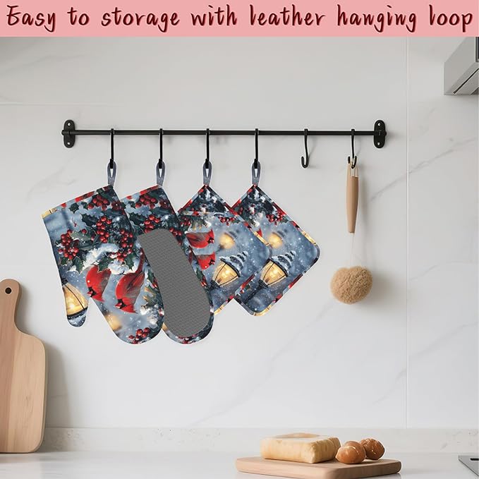 Christmas Berries Heat-Resistant Silicone Oven Mitts and Pot Holder 4 Piece Set,Cardinal Non-Slip Kitchen Oven Gloves for Baking, BBQ, Cooking,Grilling
