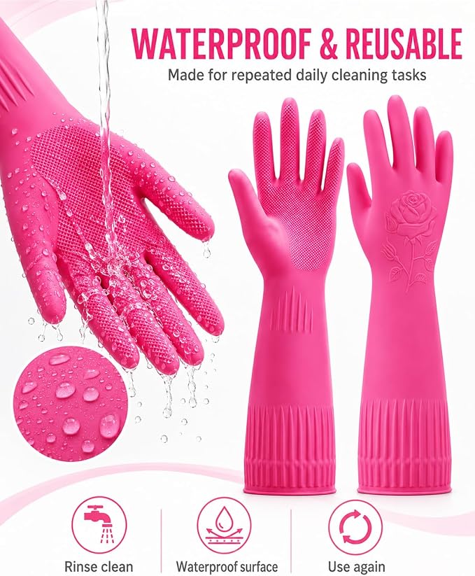 Disfore Rubber-Gloves Dishwashing Gloves for Cleaning-Kitchen - 2 Pairs Long Household Cleaning Gloves for Washing Dishes