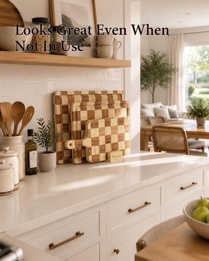 Checkered Cutting Board Set with Holder, Set of 3 End Grain Butcher Block Boards for Kitchen, Bamboo Serving Board with Handle for Cheese, Charcuterie, Meat, Fruit and Meal Prep