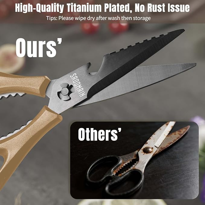 Kitchen Scissors All Purpose, Extra Sharp Kitchen Shears with Knife Sharpener & Sheath, Solid & Durable Stainless Steel Scissors with ANTI-RUST Black Titanium Plated, Dishwasher Safe – Brown
