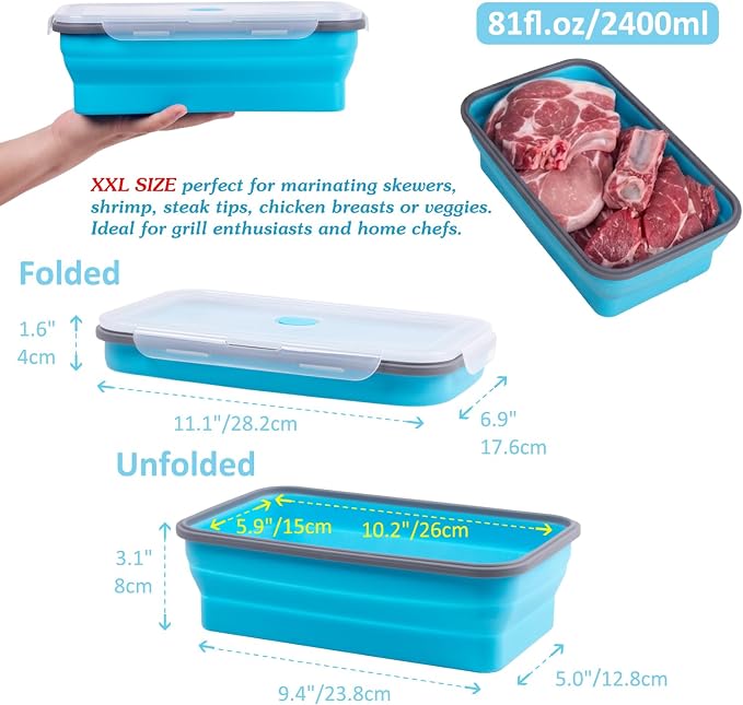 Extra Large Collapsible Food Storage Containers with Lid & Air Vent, 81 oz, 4 Pack, XXL Collapsible Marinade Container BBQ Prep Foldable Silicone Containers, Microwave Freezer Dishwasher Safe, Blue