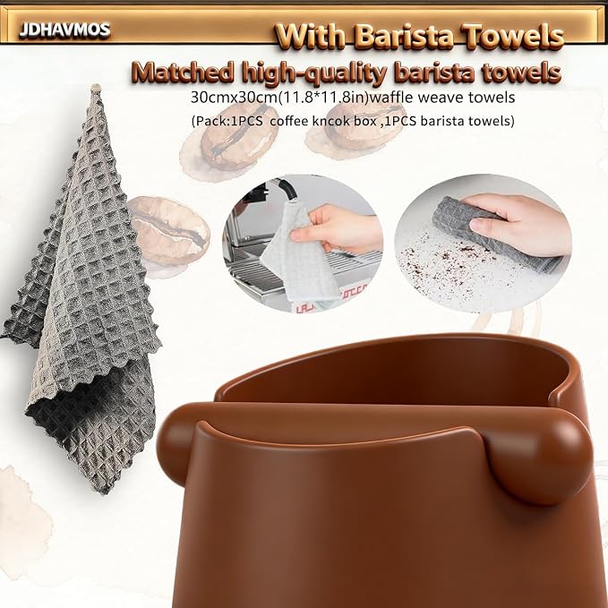 5-Inch Espresso Knock Box, Holds 15+ Coffee Pucks with Barista Towels, Removable Knock Bar & Anti-Slip Base, Espresso Machine Accessories for Home/Office (Modern Brown)