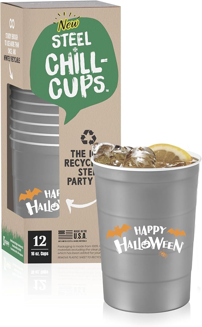 Steel Chill Cups 16 oz. Reusable Party Cups, Happy Halloween, 12 Count | Made in USA from Steel these durable cups chill fast & keep your drink cold for longer, 100% recyclable for sustainablity