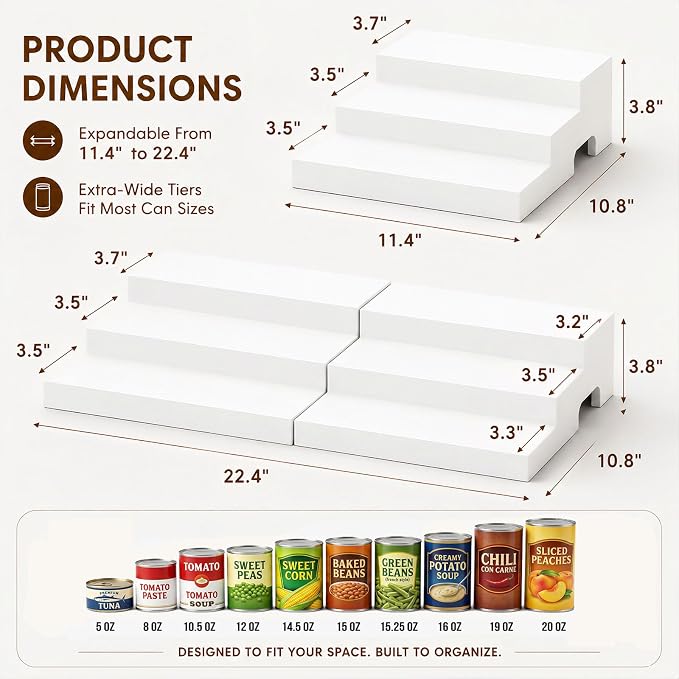 Expandable Can Organizer for Pantry Fits Up to 24 20-oz Canned Food, White | 3-Tier Can Storage Holder for Kitchen Cabinet, Solid Wood Canned Goods Pantry Organizer Shelf, Visible & Accessible Display