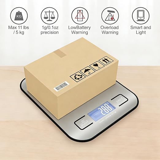 Digital Shipping Scale,Stainless Steel Panel, Accurate Portable Postal Scale for Packages, Small Business,Kitchen, Food, Handmade, Liquids, and Boutique (Stainless Steel Battery (5kg/1g))