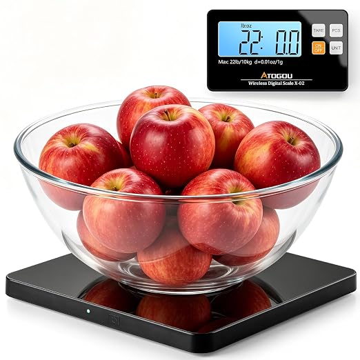 Atogou Wireless Kitchen Scale, 22lb/10kg Food Scale with Detachable Display & Larger Platform, 0.01oz/1g, 9 Units, Counting Function, Stainless Steel, for Cooking, Baking, Shipping, Black