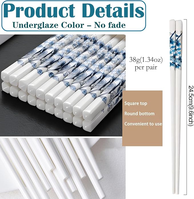 Ceramic Chopsticks Reusable,5 Pairs Porcelain Chop sticks,Blue Bird,9.7'' | Easy to Clean,Dishwasher Safe,Heat Resistant,9.7'',with a Gift case,Cooking Chopsticks,High-grade Bone China Porcelain