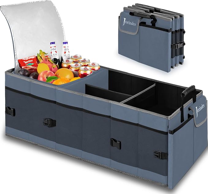 Trunk Organizer and Storage with Built-In Insulated Leak Proof Cooler Bag | Collapsible Cargo Organizer for SUV with Non Slip Strips, 3 Large Compartments Foldable Waterproof Portable Car Storage Box