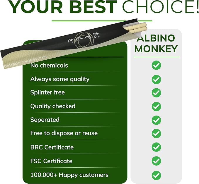 Albino Monkey 200 Round Separated Disposable Chopsticks | Best for Sushi | Bamboo Wooden Chinese Chop sticks - Bamboo Chopstick Bulk - Disposable Utensils Premium Quality - (100 Pairs)