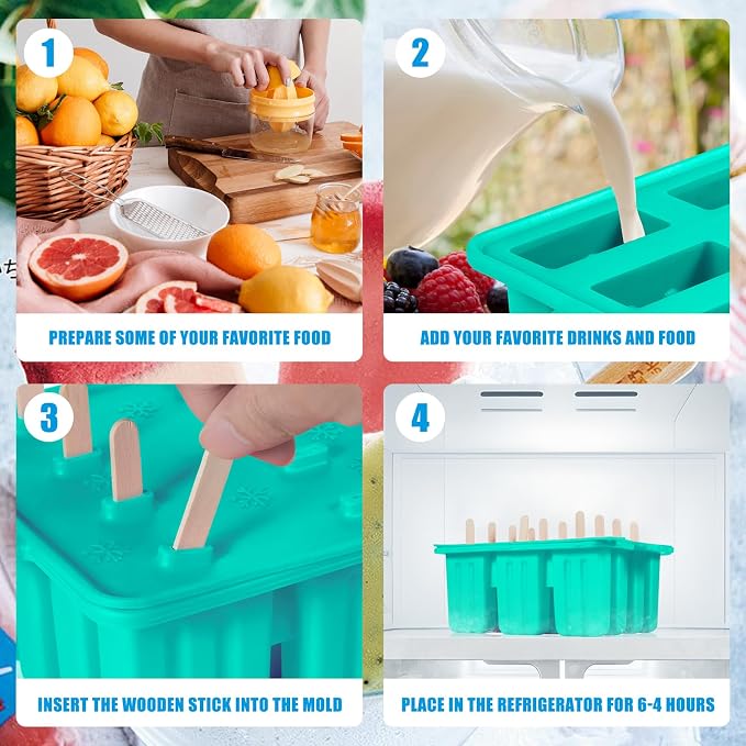 Popsicles Molds Silicone, Bpa-free ice Pop Mold Food Grade Popsicle Maker With 50 Popsicle Sticks 50 Popsicle Bag For Kids Easy Cleanup (Blue, 12 Cavities)