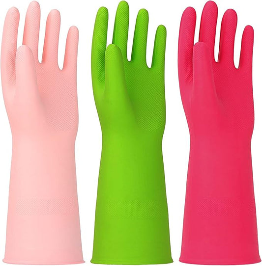 3 Pairs Rubber Cleaning Gloves Latex Free Dishwashing Gloves - 13" Reusable Nitrile Gloves Small, Green+Pink+Red