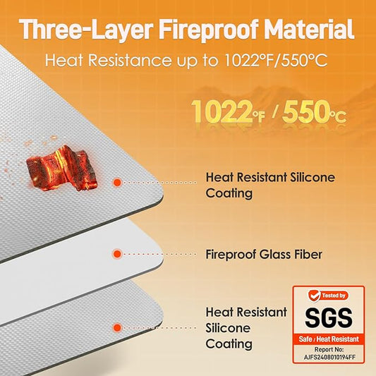 Heat Resistant Mats for Countertop fits Tabletop Grill, 25x19x0.04in, Grey | 1022℉ Fireproof grill mat for countertop/table protection, fits gas/charcoal grills, pizza ovens, fits Blackstone & Ninja