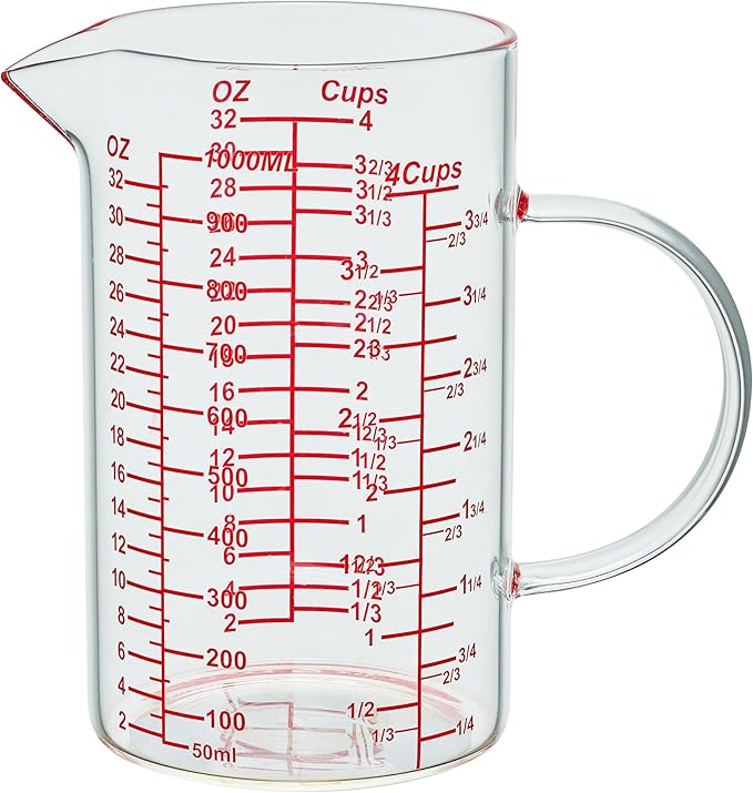 Ackers Mirror Graduated Glass Measuring Cup - [Insulated Handle | V-Shaped Spout] - High Borosilicate Glass Measuring Cup for Kitchen or Dining, Easy to Read, 1000ml (32oz, 4 Cup)