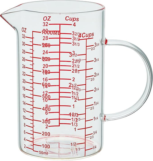 Ackers Mirror Graduated Glass Measuring Cup - [Insulated Handle | V-Shaped Spout] - High Borosilicate Glass Measuring Cup for Kitchen or Dining, Easy to Read, 1000ml (32oz, 4 Cup)