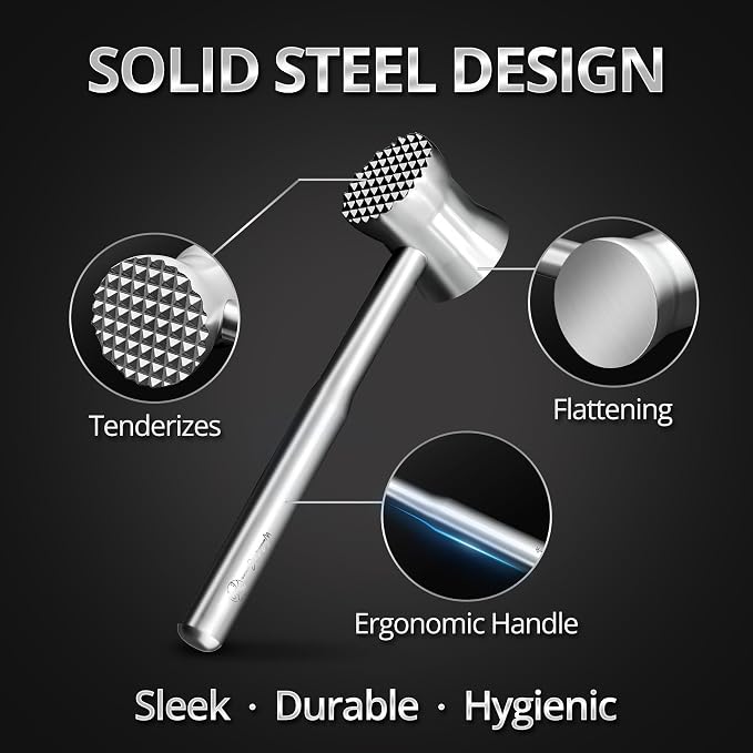 Stainless Steel Meat Tenderizer Hammer – Heavy-Duty All-Metal Design, Anti-Rust & Dishwasher Safe – Textured Surface for Steak, Chicken, Pork, and More,6 - YEAR WARRANTY
