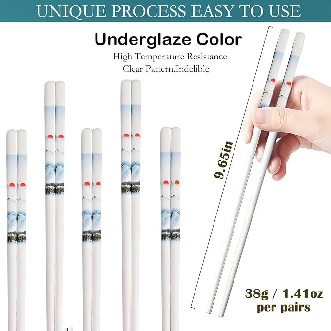 Ceramic Chopsticks Reusable 5 Pairs,Porcelain Chop Sticks,Sunset,9.7'' | Easy to Clean,Dishwasher Safe,Heat Resistant,with a Gift case,Cooking Chopsticks,High-grade Bone China Porcelain