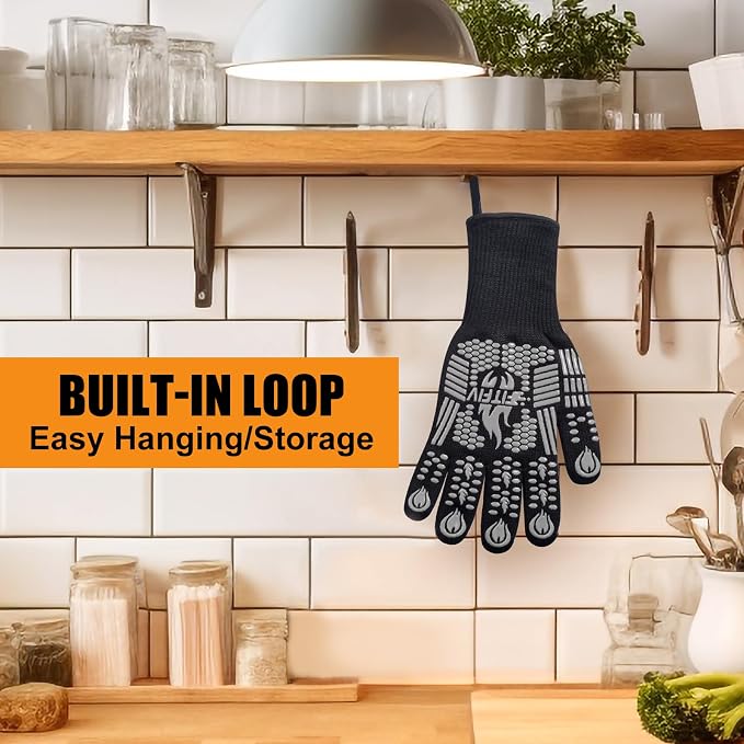 BBQ Gloves, Oven Gloves, 1472°F Extreme Heat Resistant Barbecue Gloves, Silicone Non-Slip Oven Mitts, Kitchen for Cooking, Grilling, and Baking