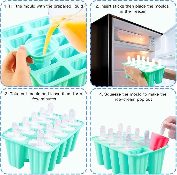 Popsicles Molds, 10 Pieces Silicone Ice Pop Molds with 10 Sticks BPA Free Popsicle Molds Reusable Easy Release Ice Popsicle Maker, Green