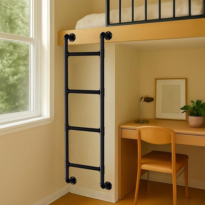 Black 4-Step Wall Mounted Steel Ladder, 4FT Egress Window Well Loft Ladder for Bedroom, Bunk Bed, Camper, Dorm – Wall/Floor-Mounted Indoor Climb Step for Small Space, Blanket Rack, Basement, Gym