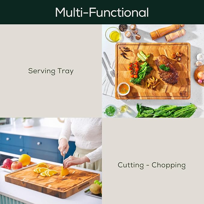 EZ FURNITURE Set of 3 Acacia Edge Grain Cutting & Charcuterie Boards with Extra Stand, Reversible Knife-Friendly Wooden Design with Juice Groove & Handles, Non-Toxic, Gift Box Included