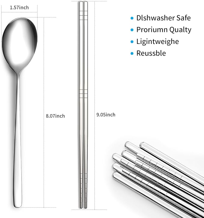 Reusable Spoon and Chopsticks Set, 4 Piece Korean Long Handle Stainless Steel Spoon and Chopsticks Set, Dishwasher Safe for Home, Kitchen or Restaurant
