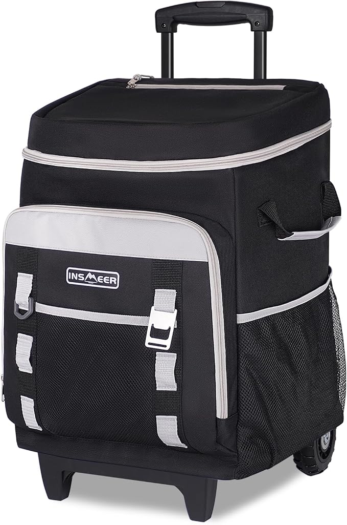 INSMEER Cooler with Wheels and Handle, 80 Cans/50L Rolling Cooler, Portable Soft Sided Cooler with Wheel, 2-in-1 Collapsible Trolley Cart, Large Coolerbag for Grocery Shopping